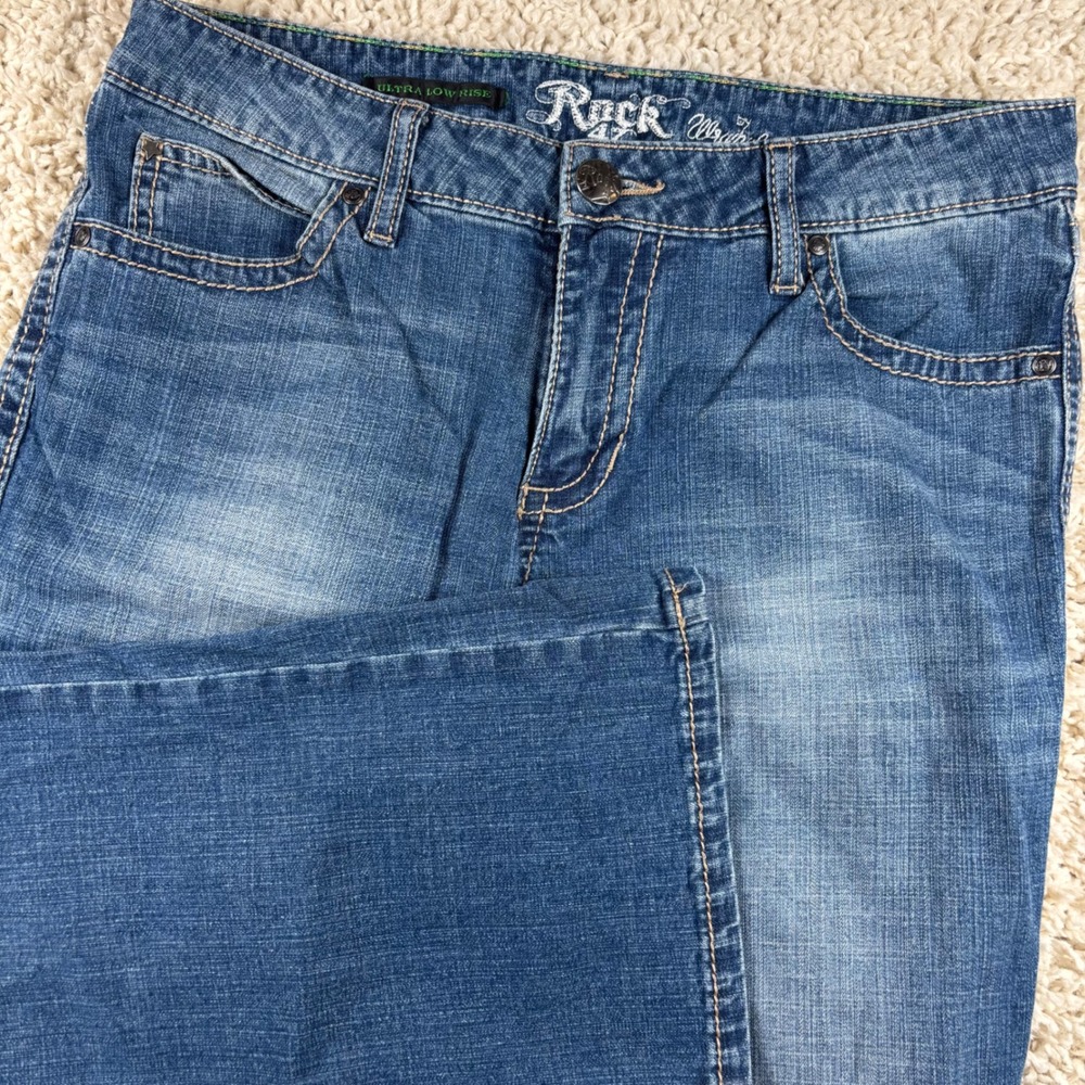 Rock‎ 47 by Wrangler Women Jeans 29x32 Blue Ultra Low Rise Bootcut Studded Y2K